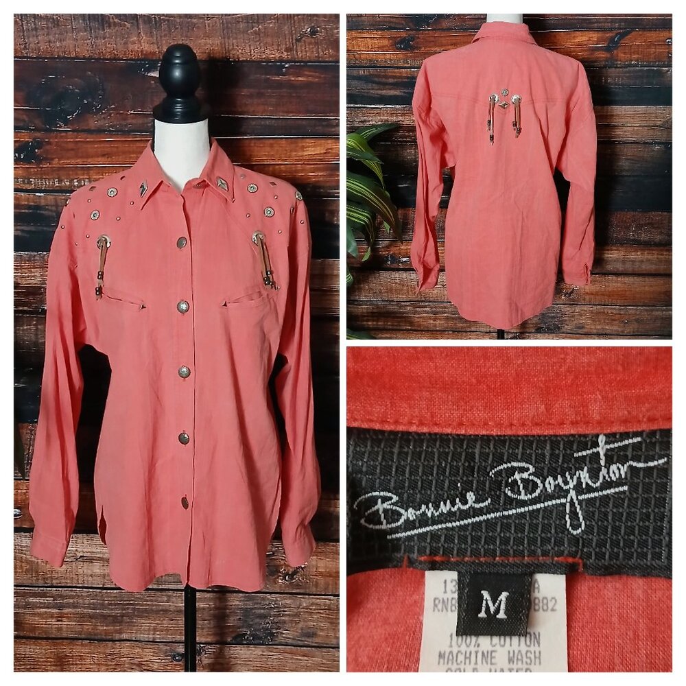 Vintage 80s Bonnie Boynton Top M Western Coral Embellished Button Up USA Made